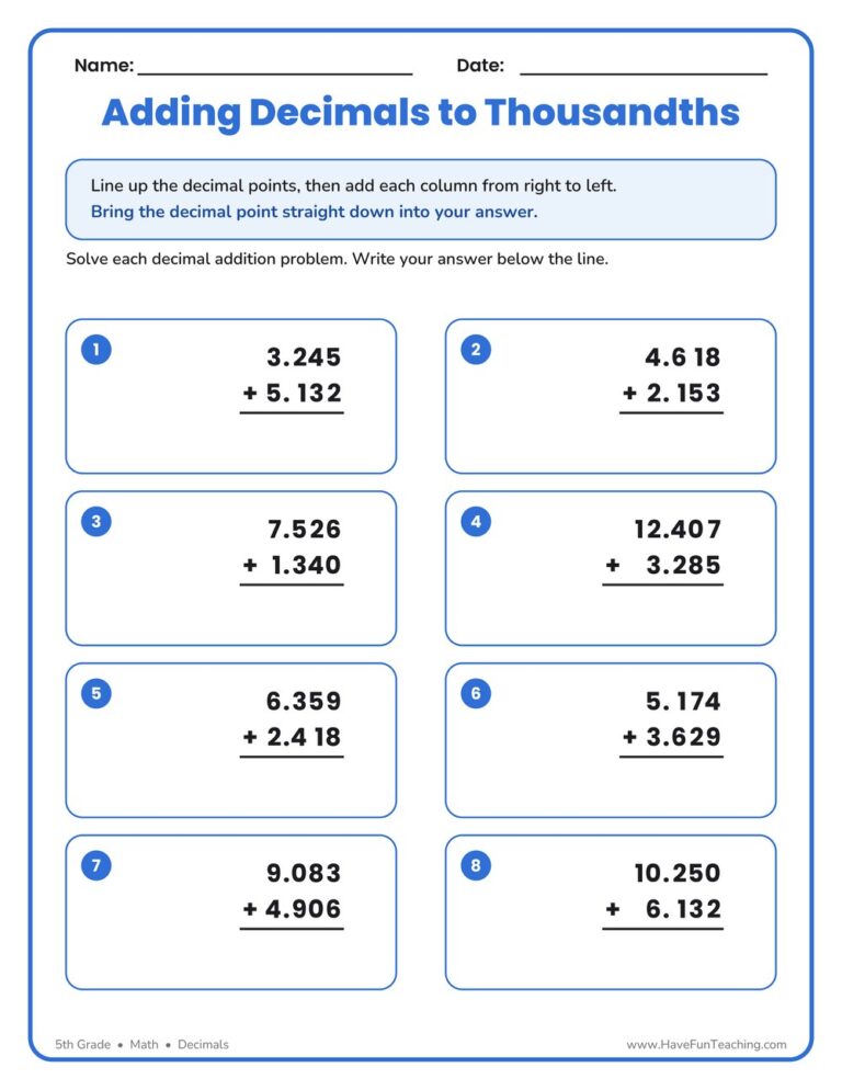 Adding Thousandths Decimal Worksheet
