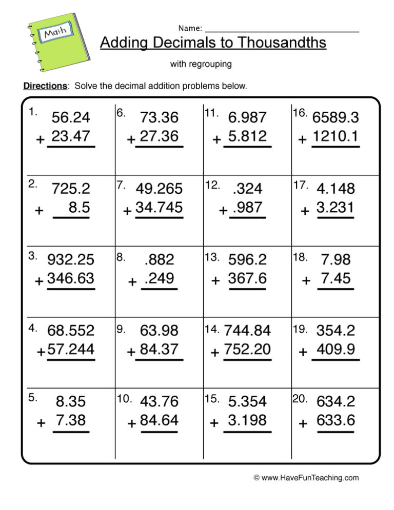 Add Thousandths Decimal Worksheet