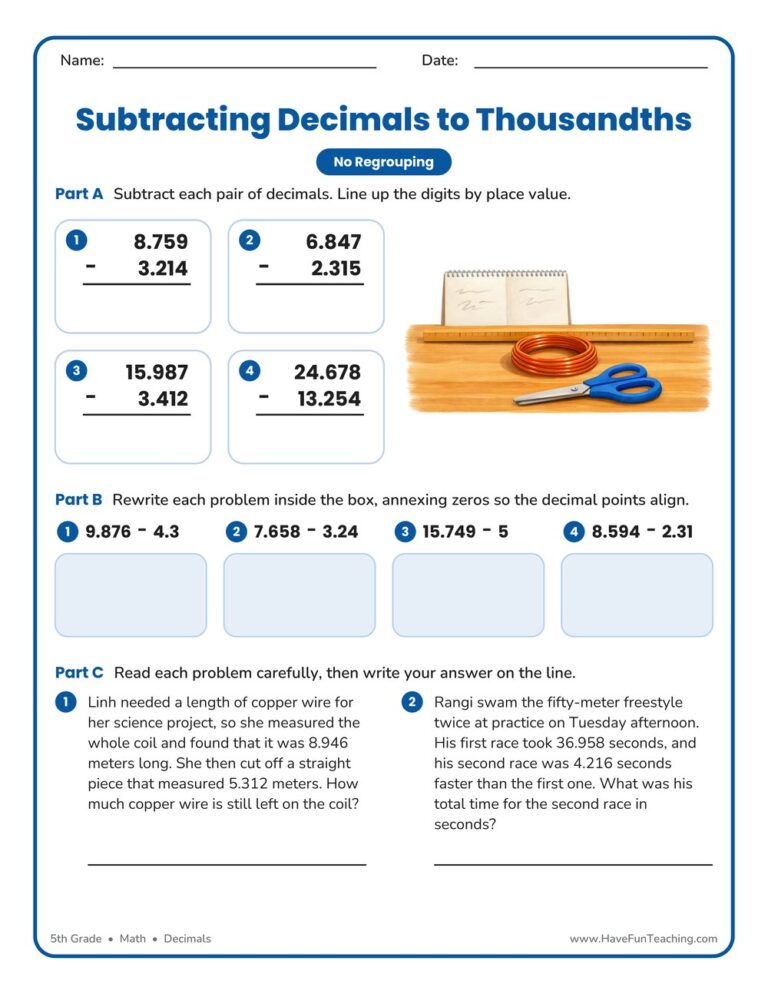 Subtract to Thousandths Decimal Worksheet