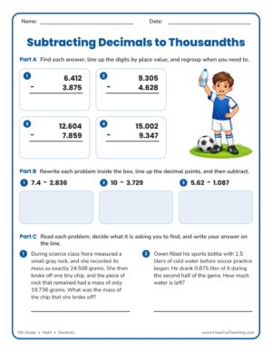 5th Grade Subtracting Decimals to Thousandths Worksheet