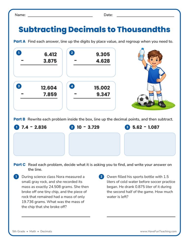 Decimal Subtracting Thousandths Worksheet