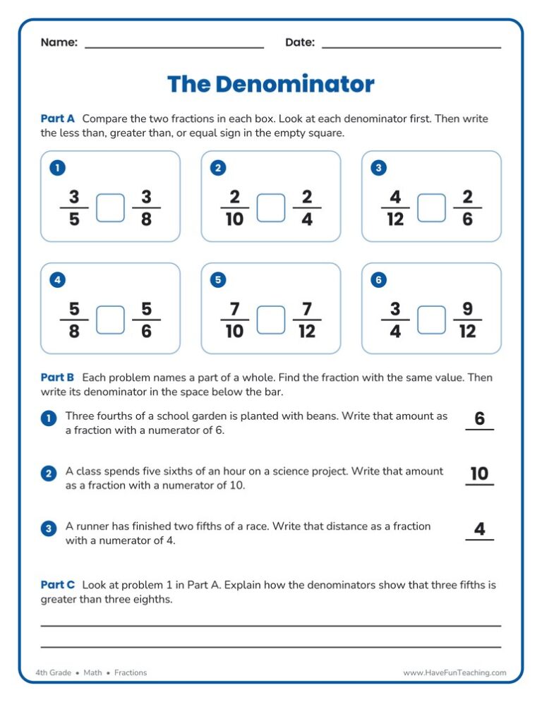 Denominators Fractions Worksheet