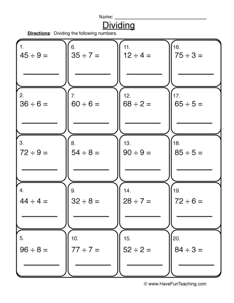 Solving Dividing 1 into 2 Digit Worksheet