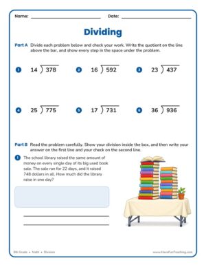 5th Grade long division worksheet dividing three-digit numbers by two-digit divisors
