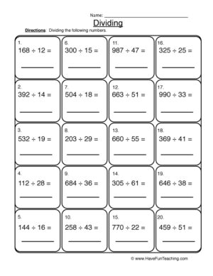 Solving Dividing 2 into 3 Digit Worksheet