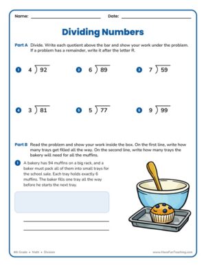 4th Grade long division worksheet dividing a one digit number into a two digit number