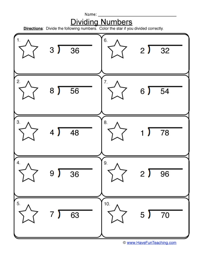 Dividing 1 into 2 Digit Worksheet