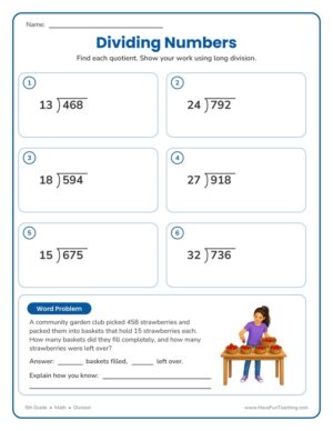 5th grade dividing 2 into 3 digit long division worksheet