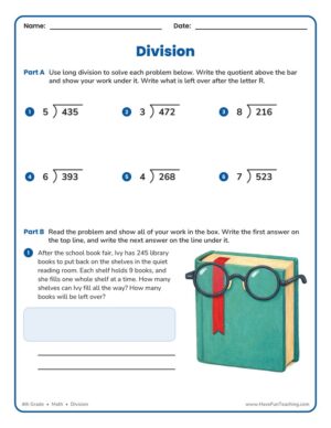 4th grade one digit divisor long division worksheet with six problems and a word problem