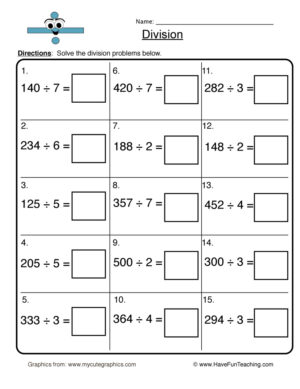 One Digit Divisor Division Worksheet