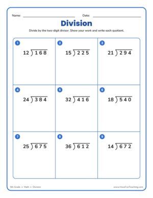 Two Digit Divisors Division Worksheet with nine long division problems that have two-digit divisors for 5th grade students.