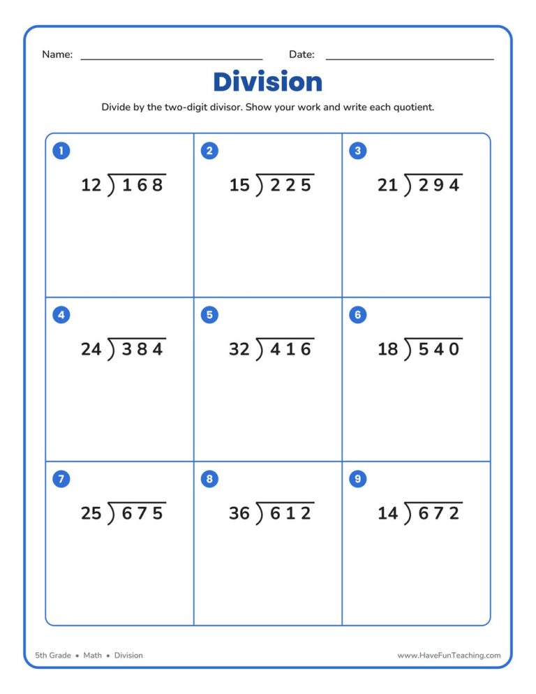 Two Digit Divisors Division Worksheet