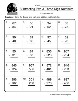 Double Triple Digit Subtraction No Regrouping Worksheet