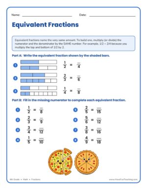 Equivalent Fractions Worksheet for 4th Grade Math