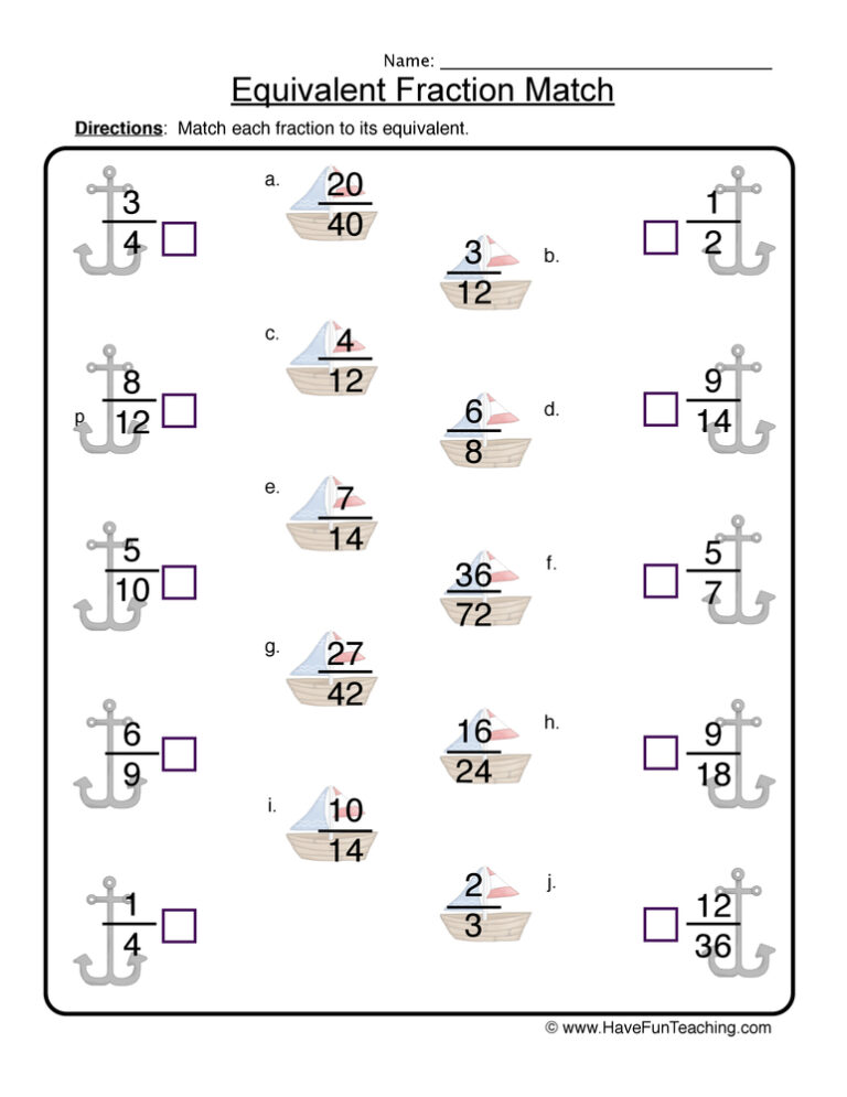 Equivalent Fractions Matching Worksheet