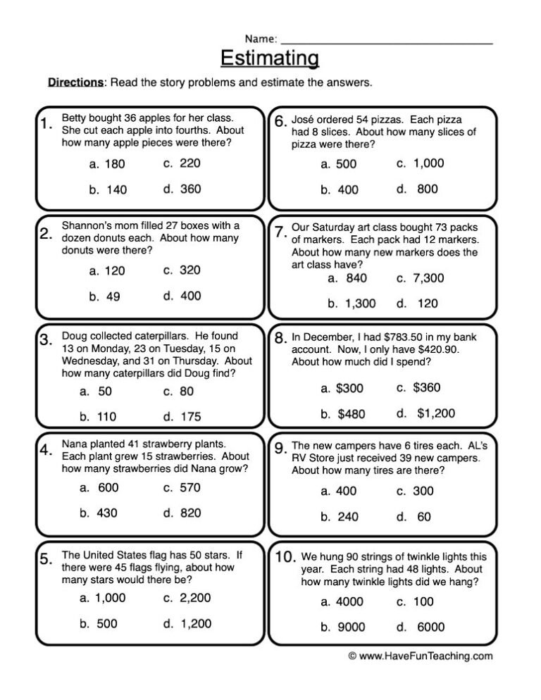 Estimation Multiple Choice Worksheet
