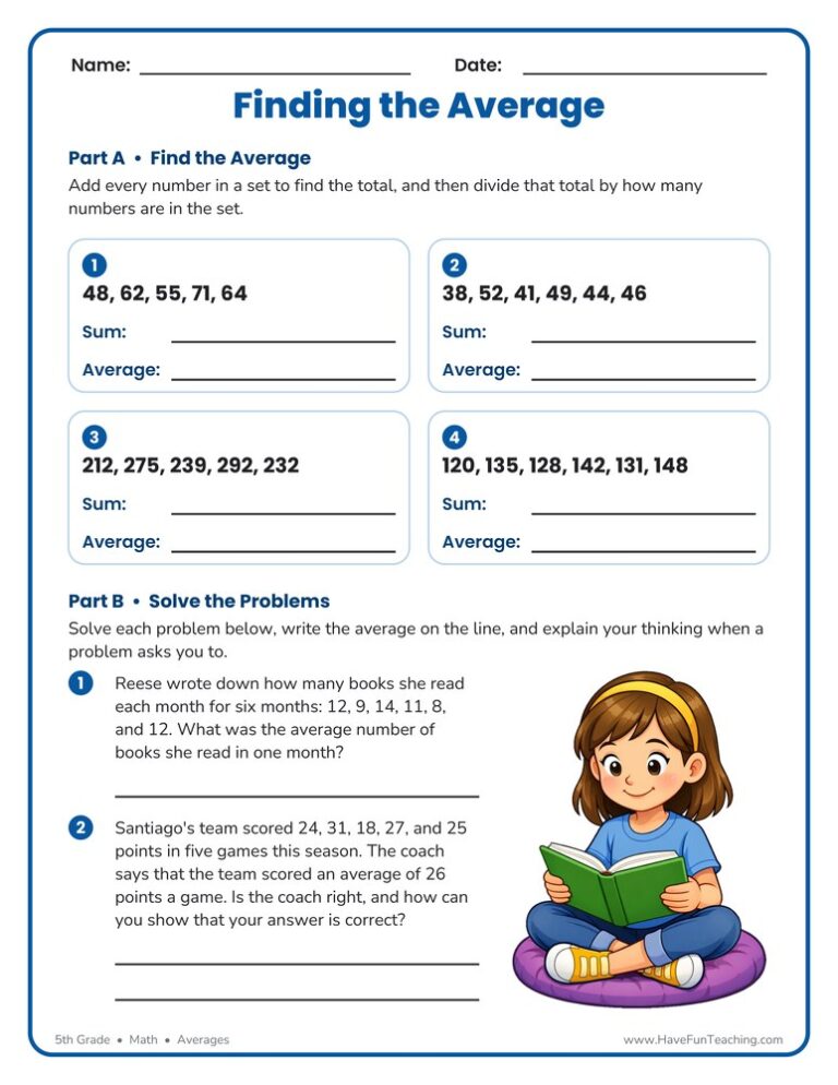 Finding Averages Larger Number Set Worksheet