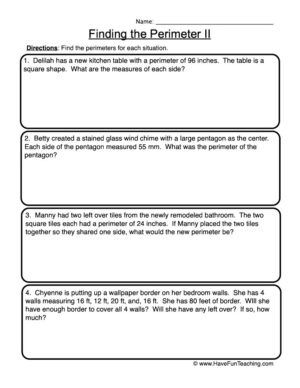 Finding Perimeter Word Problems Worksheet