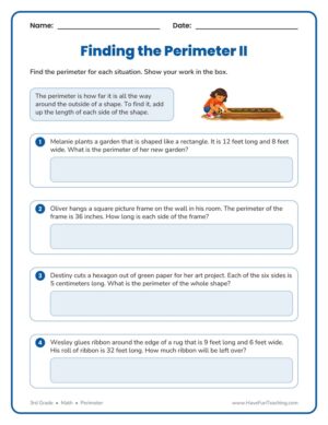 3rd Grade finding perimeter word problems worksheet with four real life problems