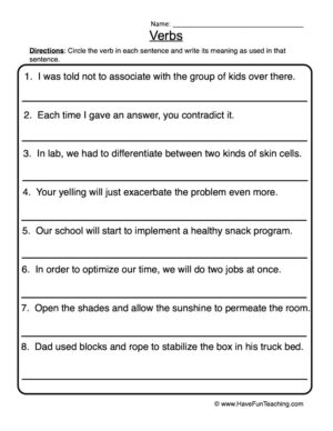 Finding Verbs Worksheet