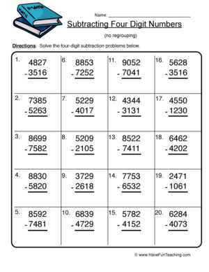 Four Digit Subtraction No Regrouping Worksheet