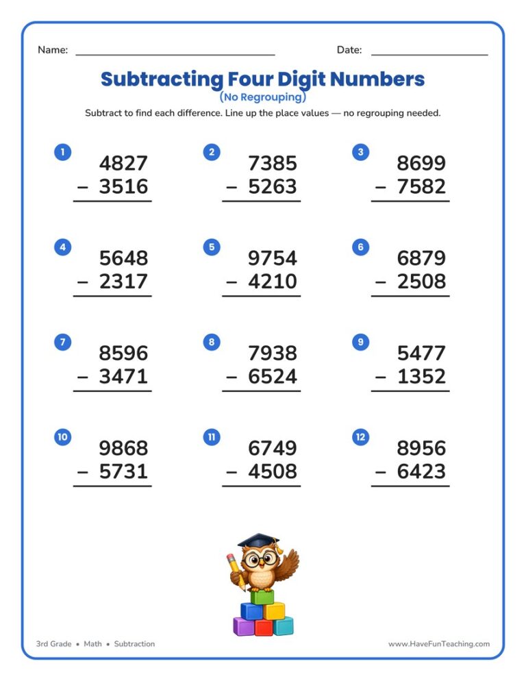 Four Digit Subtraction No Regrouping Worksheet