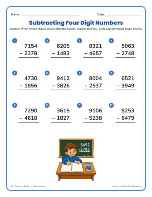 Four digit subtraction regrouping worksheet with twelve problems for 4th grade math practice