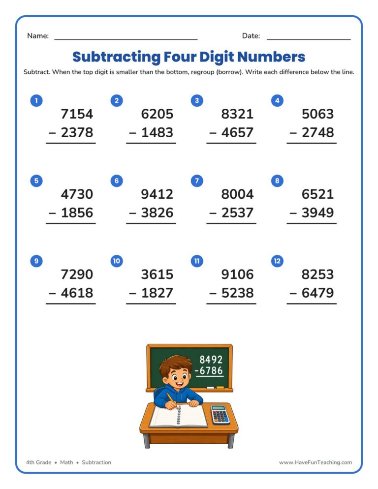 Four Digit Subtraction Regrouping Worksheet