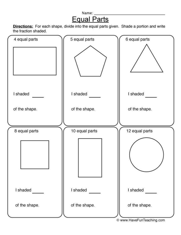 Dividing Equal Parts Fractions Worksheet