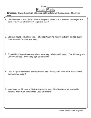 Equal Parts Word Problems Fractions Worksheet