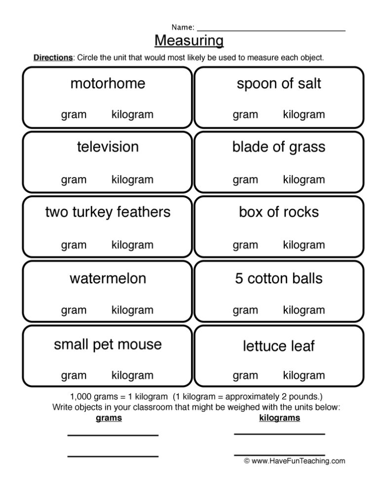 Gram Kilogram Worksheet