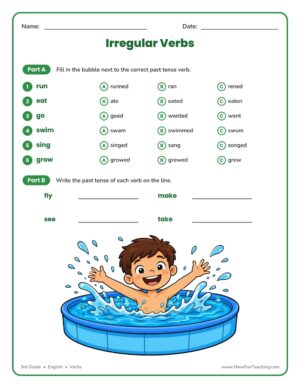 Irregular Verbs worksheet for 3rd grade students to choose and write correct past tense verbs.