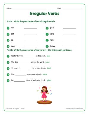 Writing Irregular Verbs Worksheet for 2nd grade with past tense verb practice
