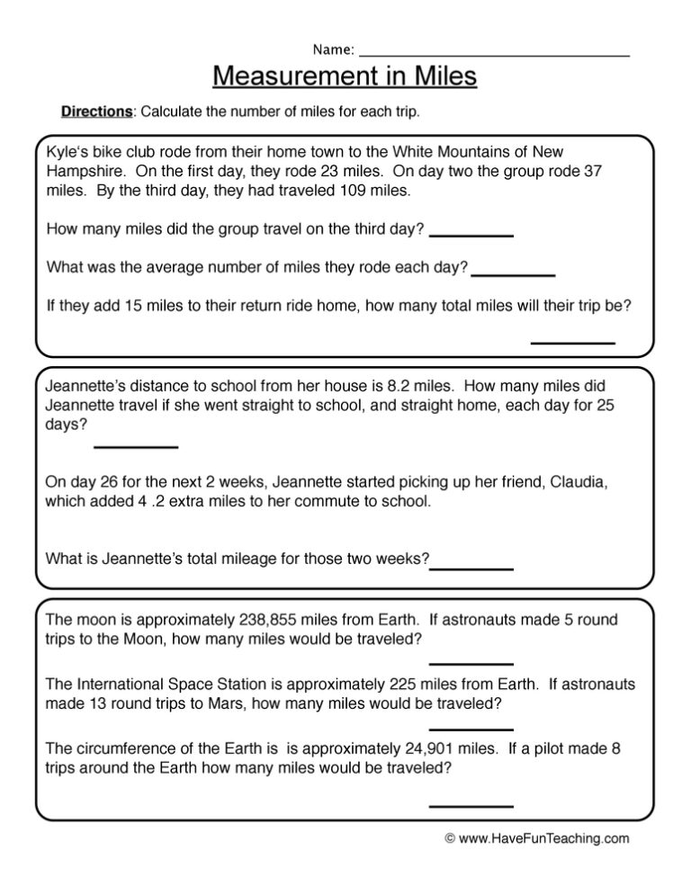 Measurement in Miles Worksheet