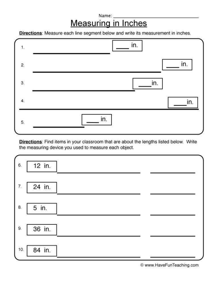 Measurement in Inches Worksheet
