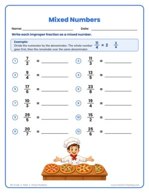 Converting to Mixed Numbers Worksheet showing improper fractions to rewrite as mixed numbers for 4th grade math.