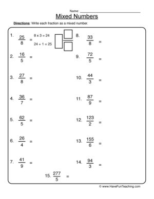 Converting to Mixed Numbers Worksheet