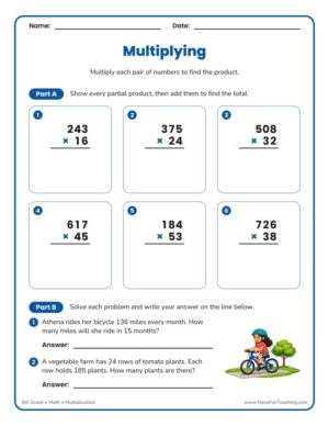 5th Grade multiplication worksheet for 3-digit by 2-digit problems