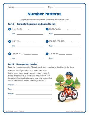 4th Grade math number patterns worksheet