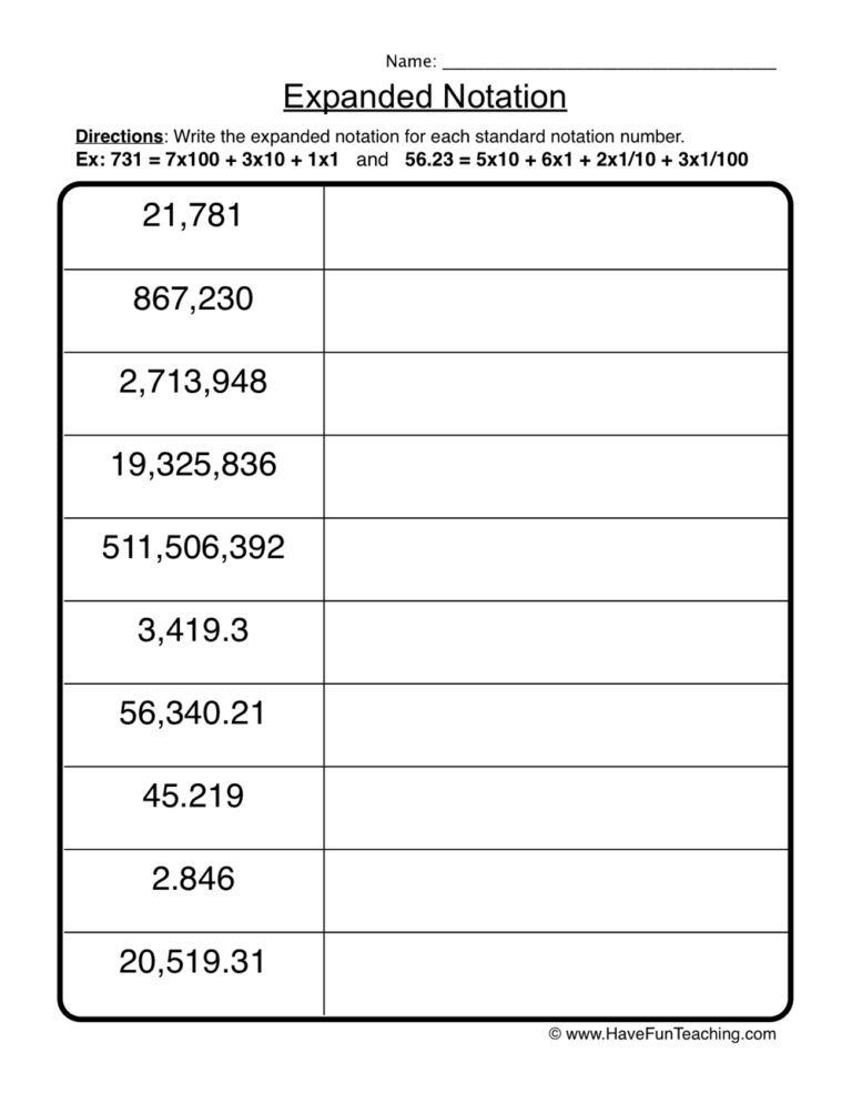 Place Value Expanded Notation Worksheet