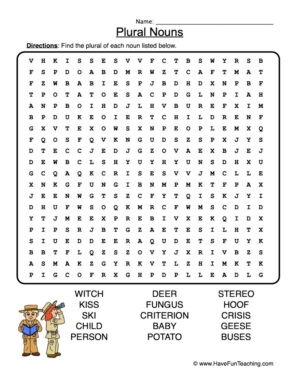 Plural Nouns Wordsearch Worksheet