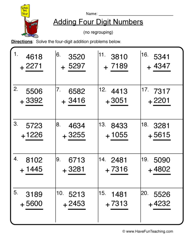 Quad Digit Addition Worksheet