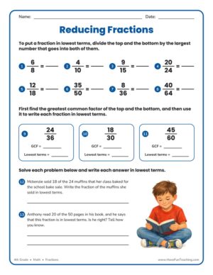4th Grade reducing fractions worksheet with lowest terms practice