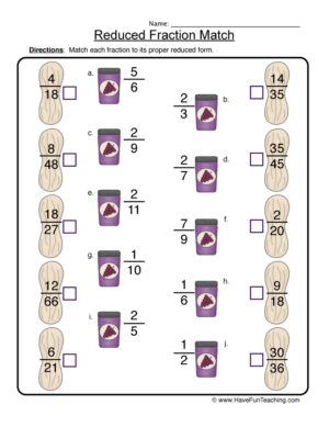 Reducing Fractions Matching Worksheet