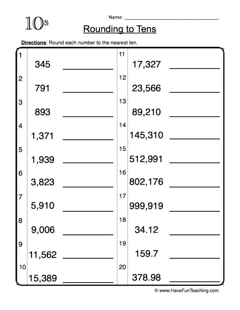 Rounding to Tens Worksheet