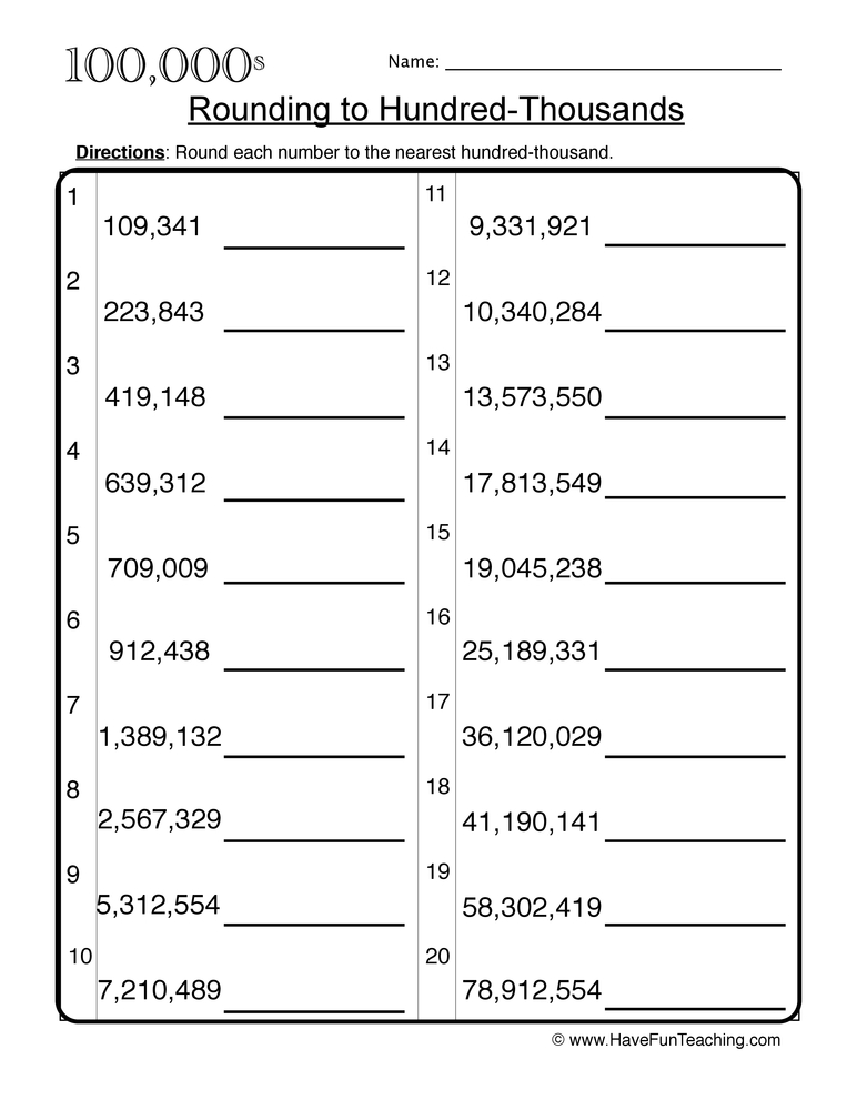Rounding To Hundred Thousands Worksheet