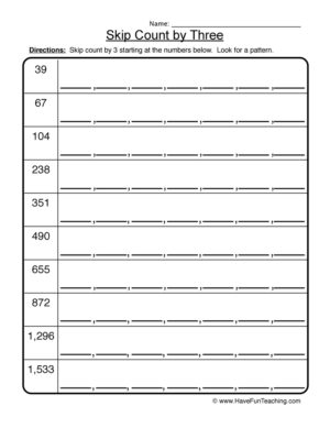 Skip Count by Three Worksheet