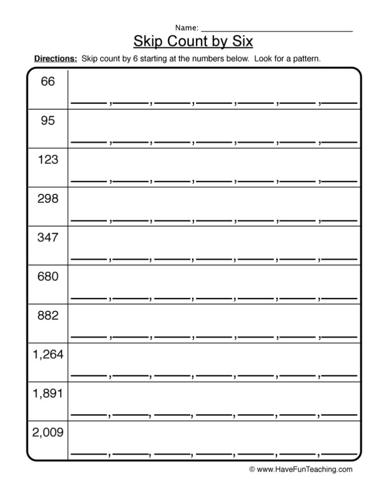 Skip Count by Six Worksheet
