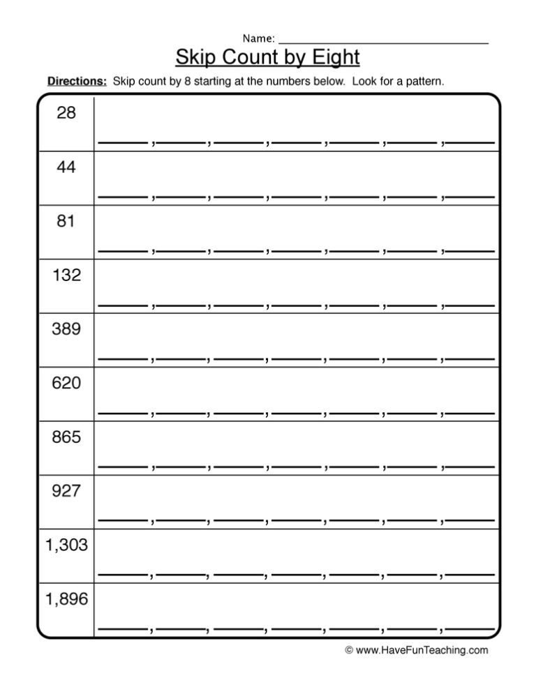 Skip Count by Eight Worksheet