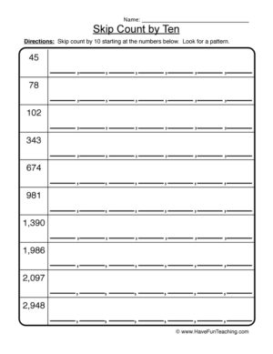 Skip Count by Ten Worksheet